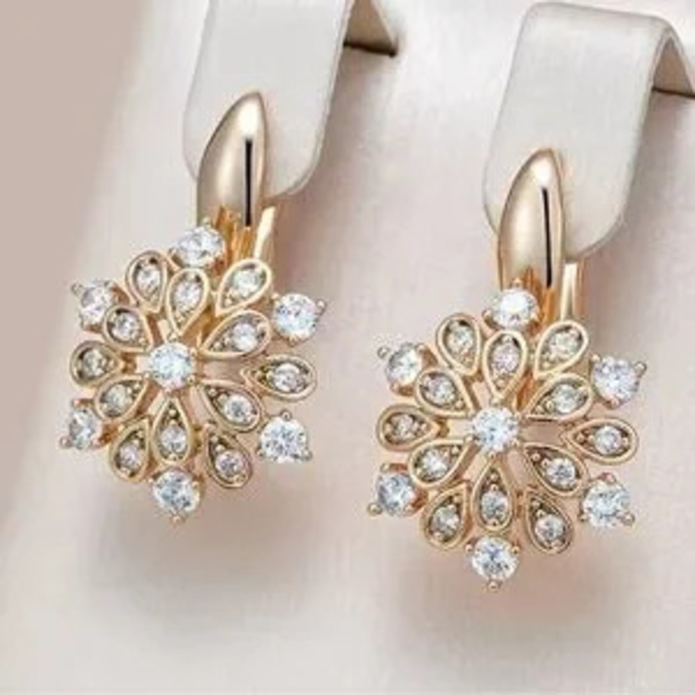 585 Rose Gold Color Crystal Flower Dangle Earrings for Women Shiny Natural Zirco